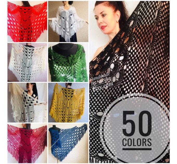  Black Crochet Shawl Wraps Wedding Triangle Fringe Big Size bridesmaid shawl mom birthday Gift For Her best friend Hand knit Mohair shawl  Shawl / Wraps  