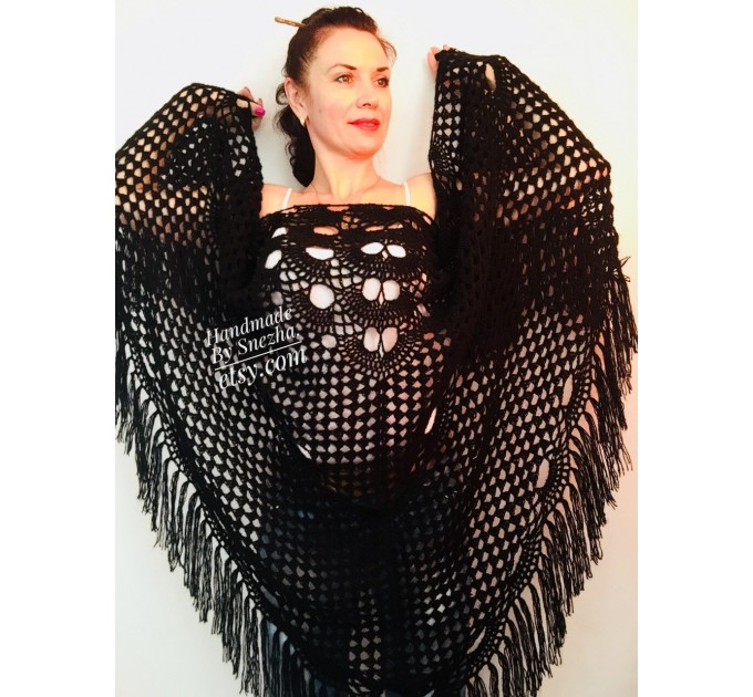  Black Crochet Shawl Wraps Wedding Triangle Fringe Big Size bridesmaid shawl mom birthday Gift For Her best friend Hand knit Mohair shawl  Shawl / Wraps  4