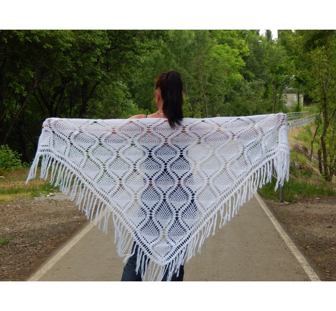  White Shawl Wraps Crochet Shawl Wraps Bridal Wrap Wedding Fringe Shawl Lace Hand Knit Shawl Christmas gift idea Crochet Flower Wool Scarf  Shawl / Wraps  