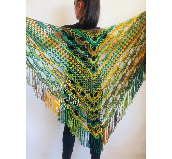  Green Crochet Shawl Wrap Triangle With Fringe Boho Colorful Shawl Rainbow Shawl Bohemian Multicolor Shawl Big Crochet Lace Knitted Shawl  Shawl / Wraps  3