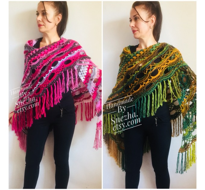  Green Crochet Shawl Wrap Triangle With Fringe Boho Colorful Shawl Rainbow Shawl Bohemian Multicolor Shawl Big Crochet Lace Knitted Shawl  Shawl / Wraps  4