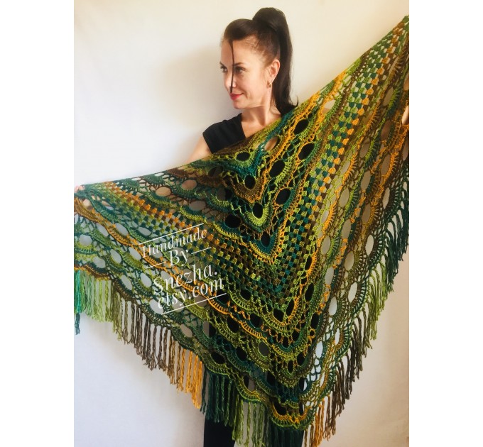  Green Crochet Shawl Wrap Triangle With Fringe Boho Colorful Shawl Rainbow Shawl Bohemian Multicolor Shawl Big Crochet Lace Knitted Shawl  Shawl / Wraps  5