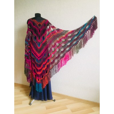 Crochet Multicolor Shawl Wrap Lace Triangle Boho Shawl Colorful Rainbow Shawl Fringe Big Crochet Shawl Hand Knitted Shawl Evening Shawl