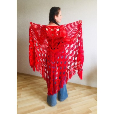 RED Crochet Shawl Triangle Fringe Wrap Hand Knit Wool Shawl Evening Crochet Wrap Mohair Lace Scarf Shawl Gifts For Wife Mom Festival Shawl