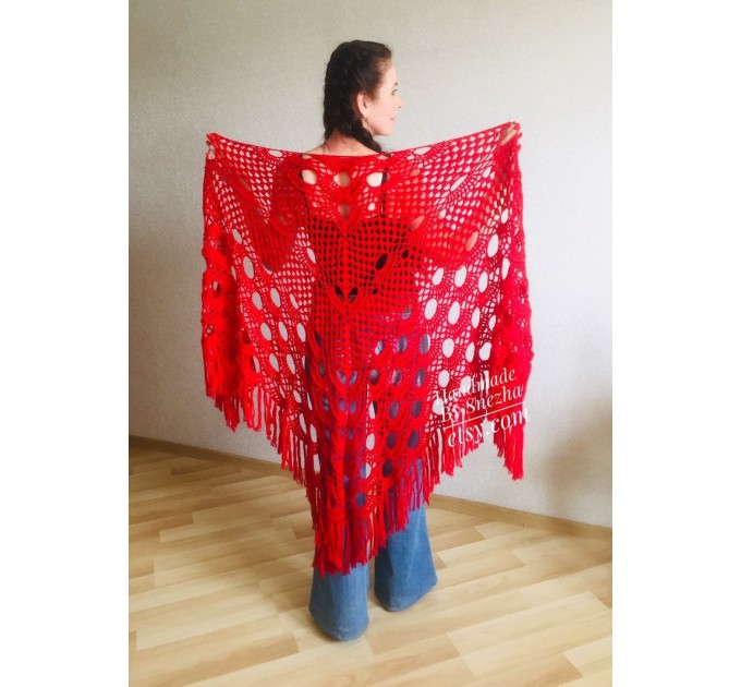  RED Crochet Shawl Triangle Fringe Wrap Hand Knit Wool Shawl Evening Crochet Wrap Mohair Lace Scarf Shawl Gifts For Wife Mom Festival Shawl  Shawl / Wraps  