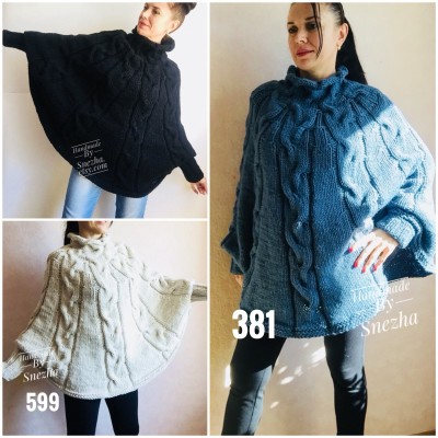 Hand Knit Poncho Wool Women Gray Poncho Sweater Winter Blue Poncho Plus Size Knitwear Boho Crochet Wrap Knit Cable Chunky Poncho White Black