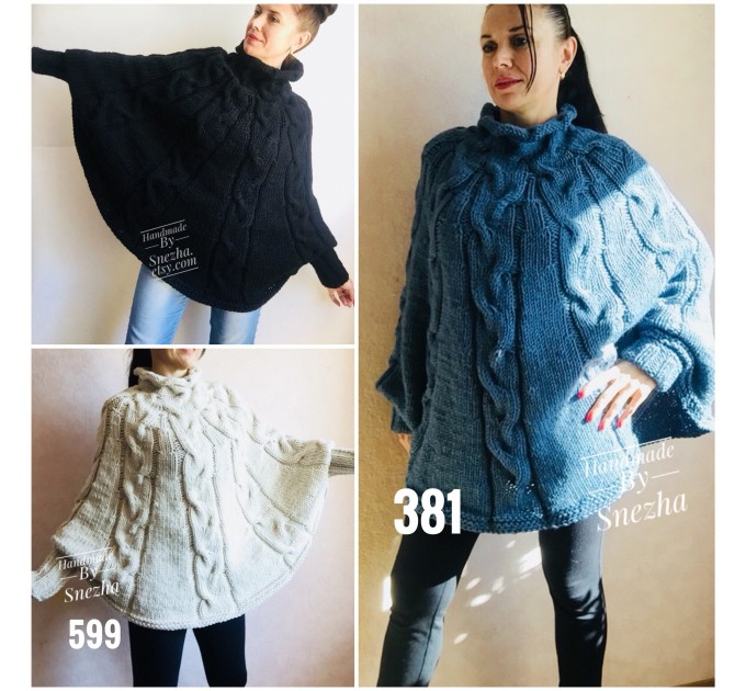  Hand Knit Poncho Wool Women Gray Poncho Sweater Winter Blue Poncho Plus Size Knitwear Boho Crochet Wrap Knit Cable Chunky Poncho White Black  Poncho  1