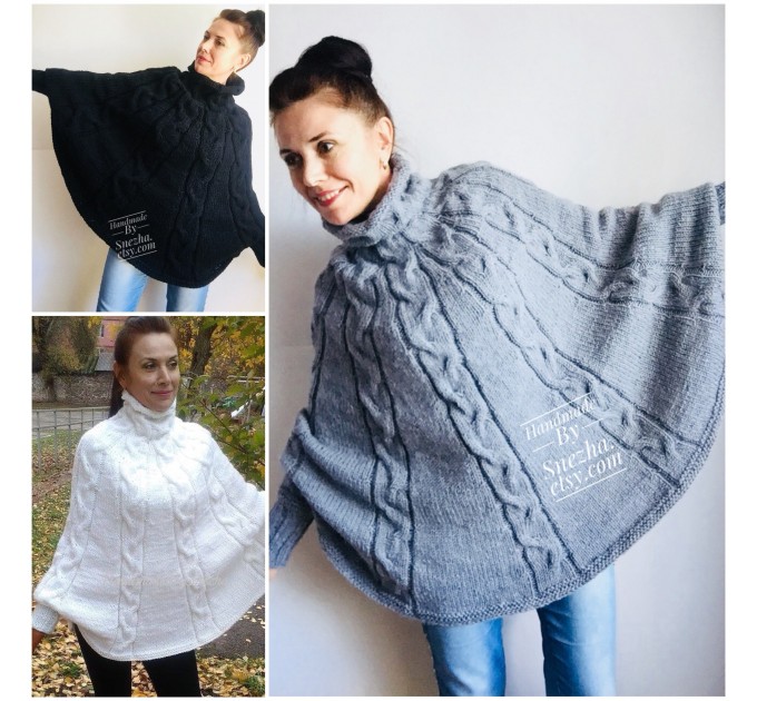  Hand Knit Poncho Wool Women Gray Poncho Sweater Winter Blue Poncho Plus Size Knitwear Boho Crochet Wrap Knit Cable Chunky Poncho White Black  Poncho  7