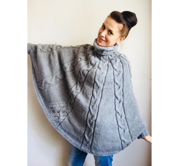  Hand Knit Poncho Wool Women Gray Poncho Sweater Winter Blue Poncho Plus Size Knitwear Boho Crochet Wrap Knit Cable Chunky Poncho White Black  Poncho  9