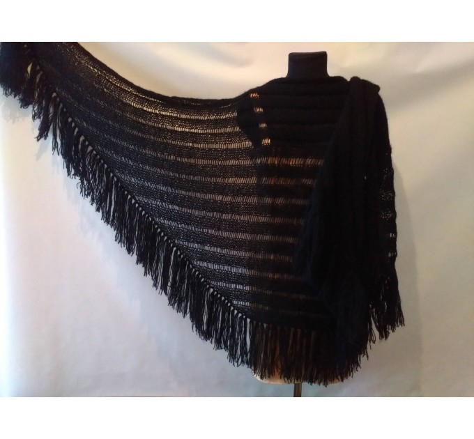BLACK Crochet Shawl BOHO SHAWL Wraps Knit Wool Lace Mohair Shawl Gifts for Wife Fringe Shawl Bridal Wedding Black Mohair Triangle Scarf