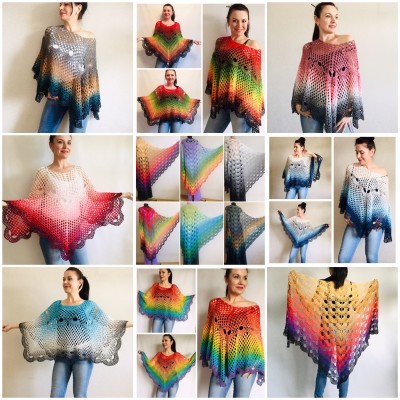 Crochet Poncho Women Boho Shawl Big Size Vintage Rainbow Cotton Boho Fringed Cape Hippie Gift for Her Bohemian Vibrant Colors Boat Neck