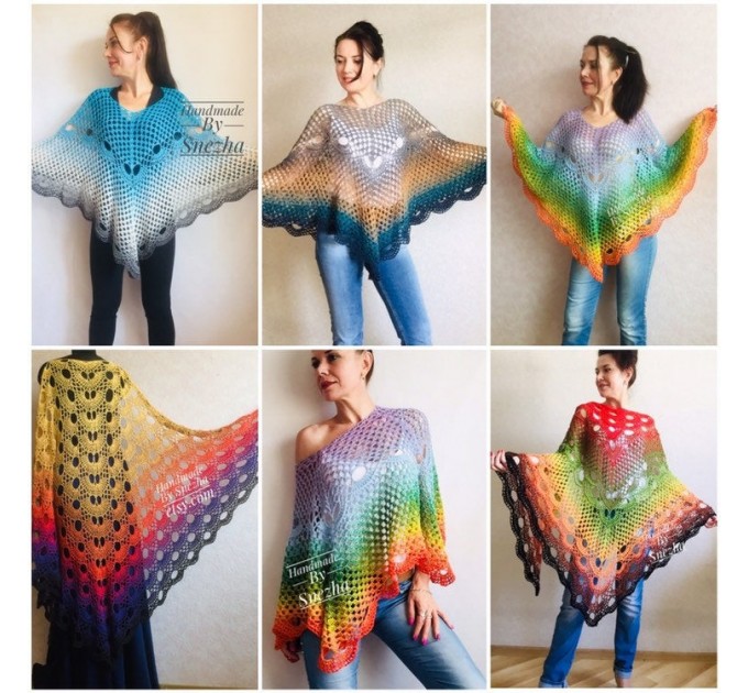  Crochet Poncho Women Boho Shawl Big Size Vintage Rainbow Cotton Boho Fringed Cape Hippie Gift for Her Bohemian Vibrant Colors Boat Neck  Poncho  5