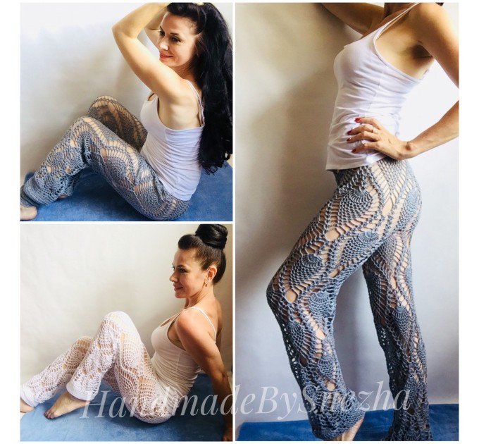  Wide Leg Pants Yoga Women Beach Cover Up Sexy Loose Cotton Pants Hippie Unique Lace Linen Pants Crochet White Black Gray Pineapple  Crochet Pants  2