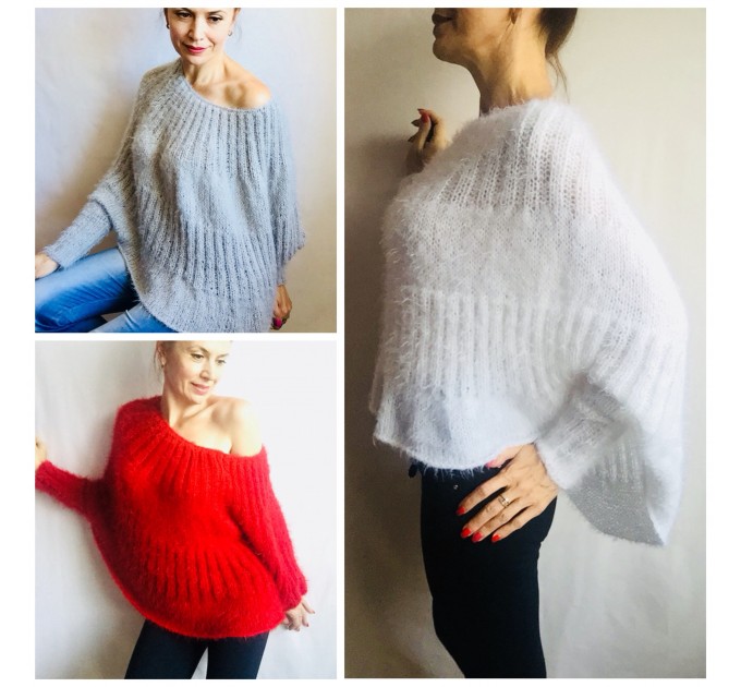  White Angora Sweater, Mohair Sweater, Loose Knit Sweater Poncho Woman, Oversized Sexy Wool Sweater Off Shoulder Faux Fur, Crochet Poncho  Sweater  