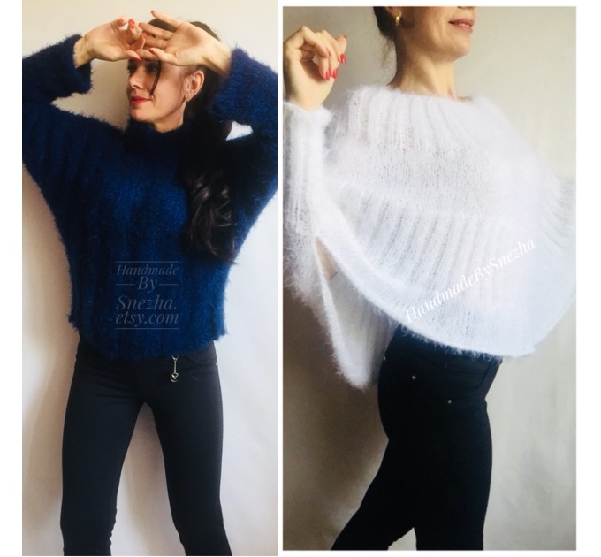 White Angora Sweater, Mohair Sweater, Loose Knit Sweater Poncho Woman, Oversized Sexy Wool Sweater Off Shoulder Faux Fur, Crochet Poncho