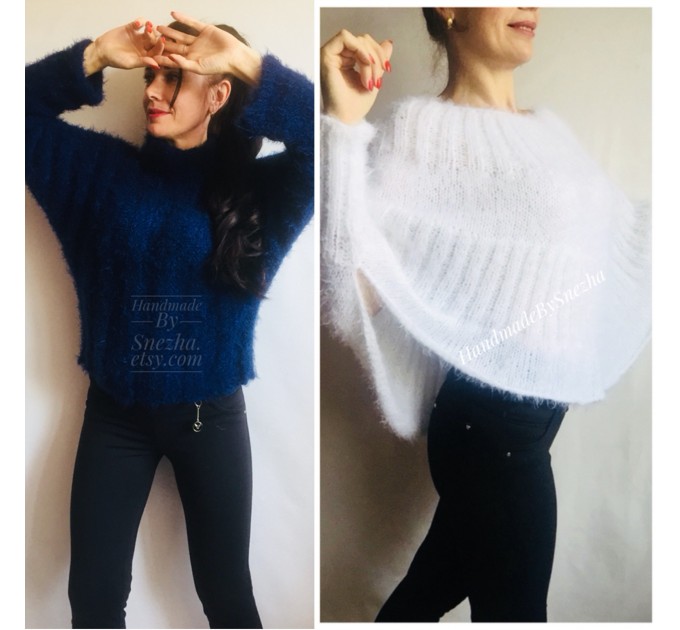  White Angora Sweater, Mohair Sweater, Loose Knit Sweater Poncho Woman, Oversized Sexy Wool Sweater Off Shoulder Faux Fur, Crochet Poncho  Sweater  6