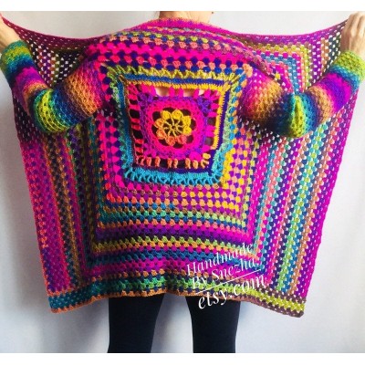 Rainbow Granny Square Crochet CARDIGAN Colourful Sweater Plus Size Boho Gypsy Clothing Vegan Coat Jacket Knit Vest Oversized Transformer
