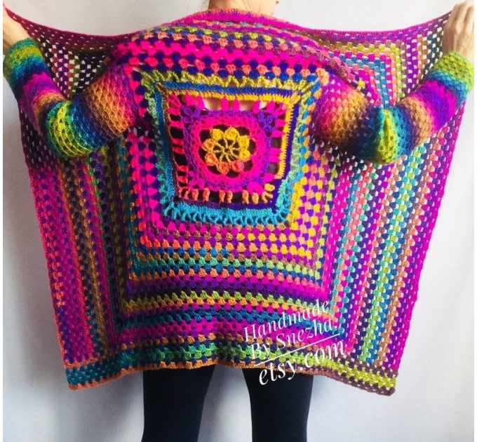  Rainbow Granny Square Crochet CARDIGAN Colourful Sweater Plus Size Boho Gypsy Clothing Vegan Coat Jacket Knit Vest Oversized Transformer  Jacket  