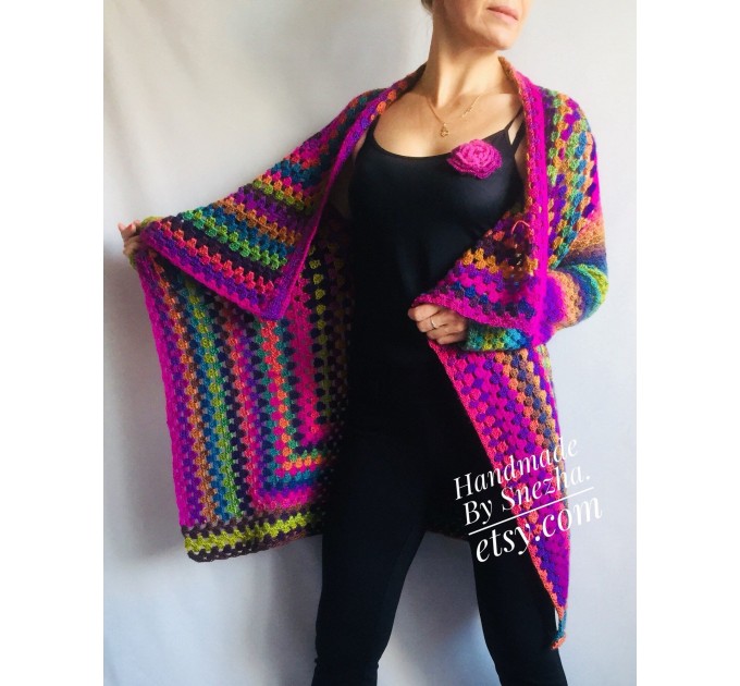  Rainbow Granny Square Crochet CARDIGAN Colourful Sweater Plus Size Boho Gypsy Clothing Vegan Coat Jacket Knit Vest Oversized Transformer  Jacket  2