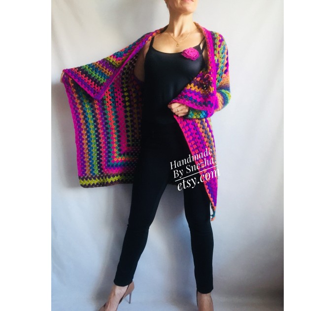  Rainbow Granny Square Crochet CARDIGAN Colourful Sweater Plus Size Boho Gypsy Clothing Vegan Coat Jacket Knit Vest Oversized Transformer  Jacket  3