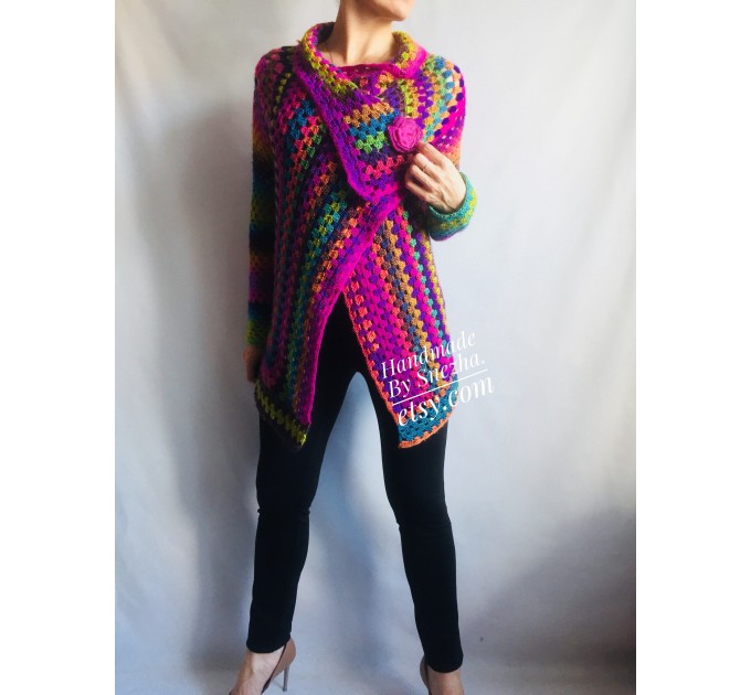  Rainbow Granny Square Crochet CARDIGAN Colourful Sweater Plus Size Boho Gypsy Clothing Vegan Coat Jacket Knit Vest Oversized Transformer  Jacket  4