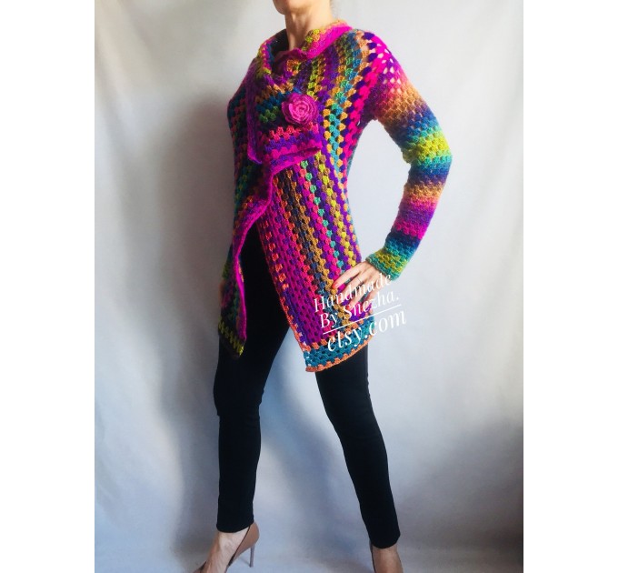  Rainbow Granny Square Crochet CARDIGAN Colourful Sweater Plus Size Boho Gypsy Clothing Vegan Coat Jacket Knit Vest Oversized Transformer  Jacket  5