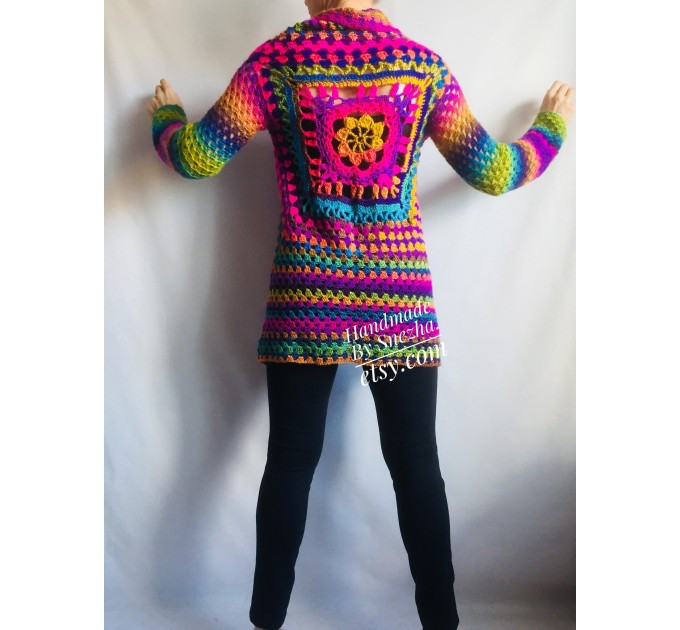  Rainbow Granny Square Crochet CARDIGAN Colourful Sweater Plus Size Boho Gypsy Clothing Vegan Coat Jacket Knit Vest Oversized Transformer  Jacket  7