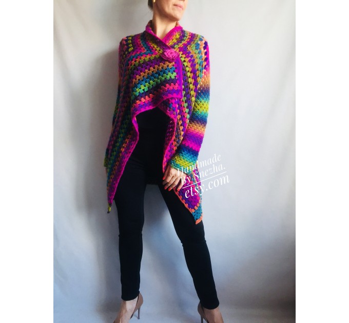  Rainbow Granny Square Crochet CARDIGAN Colourful Sweater Plus Size Boho Gypsy Clothing Vegan Coat Jacket Knit Vest Oversized Transformer  Jacket  8