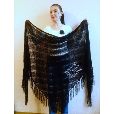 BLACK Crochet Shawl Wraps BOHO SHAWL Knit Wool Lace Mohair Shawl Gifts for Wife Fringe Shawl Bridal Wedding Black Mohair Triangle Scarf