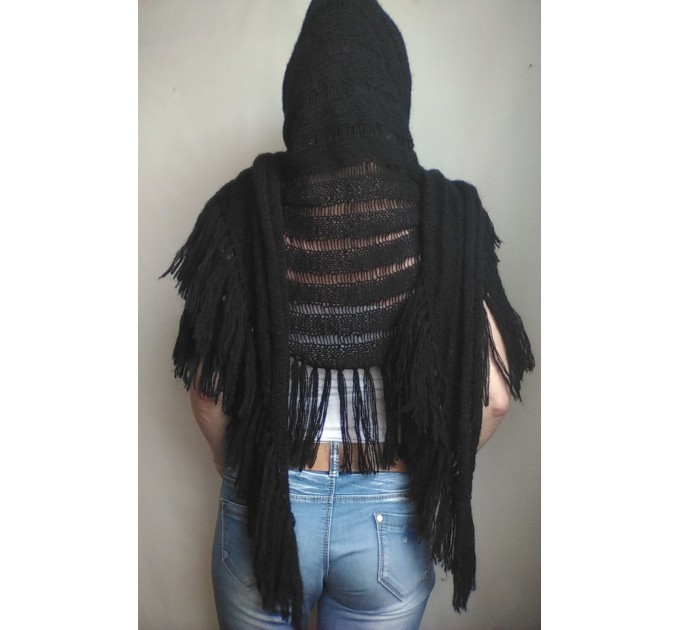  BLACK Crochet Shawl Wraps BOHO SHAWL Knit Wool Lace Mohair Shawl Gifts for Wife Fringe Shawl Bridal Wedding Black Mohair Triangle Scarf  Shawl / Wraps  3