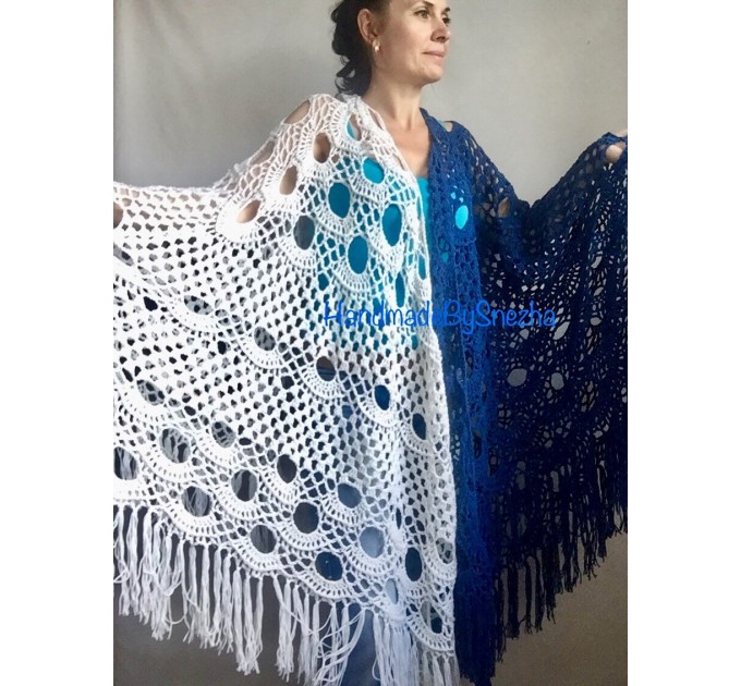  Navy Blue White COTTON Crochet SHAWL Granny Square Bridesmaid Wraps Custom Color Fringe Summer Lace Shawl Hand Knit Triangle Flower Black  Shawl / Wraps  6