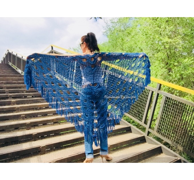  Navy Blue White COTTON Crochet SHAWL Granny Square Bridesmaid Wraps Custom Color Fringe Summer Lace Shawl Hand Knit Triangle Flower Black  Shawl / Wraps  7