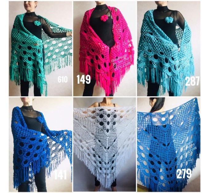  Crochet SHAWL Granny Square Bridesmaid Wraps White COTTON Custom Color Fringe Summer Lace Shawl Hand Knit Triangle Flower Black Navy Blue  Shawl / Wraps  2