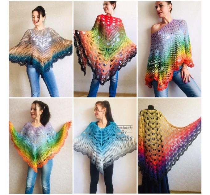  Rainbow Crochet Shawl Wraps Cotton Big Size Vintage PONCHO Granny Square Summer Gay Pride Wedding Gift Triangle Bohemian  Shawl / Wraps  