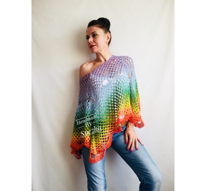 Crochet Shawl Wraps PONCHO Cotton Rainbow Big Size Vintage Pride Gift Lace Shawl Triangle Bohemian Granny Square Flower Bridesmaid