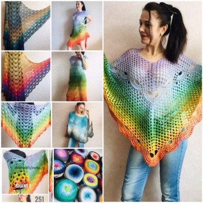 Hand Knit PONCHO Crochet Shawl Big Size Vintage Wraps Granny Square Summer Cover Up Rainbow Cotton Shawl Triangle Wraps Flower Bridesmaid