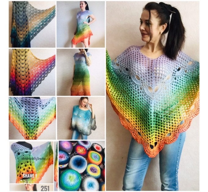Hand Knit PONCHO Crochet Shawl Big Size Vintage Wraps Granny Square Summer Cover Up Rainbow Cotton Shawl Triangle Wraps Flower Bridesmaid