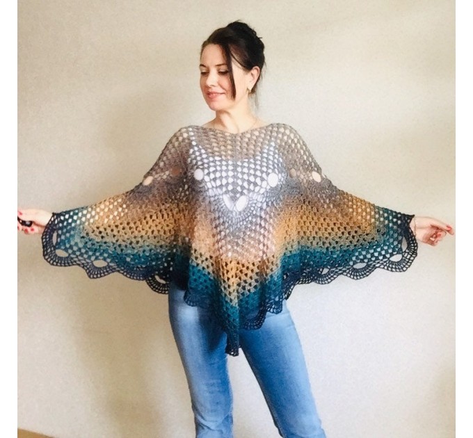  Hand Knit PONCHO Crochet Shawl Big Size Vintage Wraps Granny Square Summer Cover Up Rainbow Cotton Shawl Triangle Wraps Flower Bridesmaid  Poncho  9