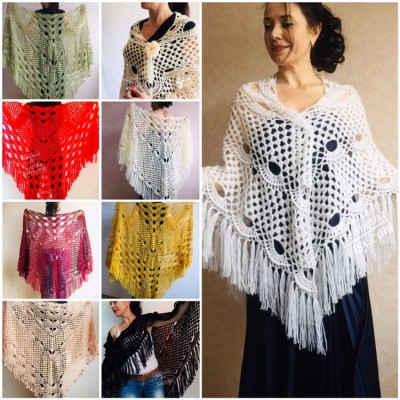 Ivory Crochet Shawl Wrap Mohair Fringe Big Size Triangle Shawl Hand Knit Bridal Wedding Wool Shawl Gifts for Wife Beige Bohemian Shawl