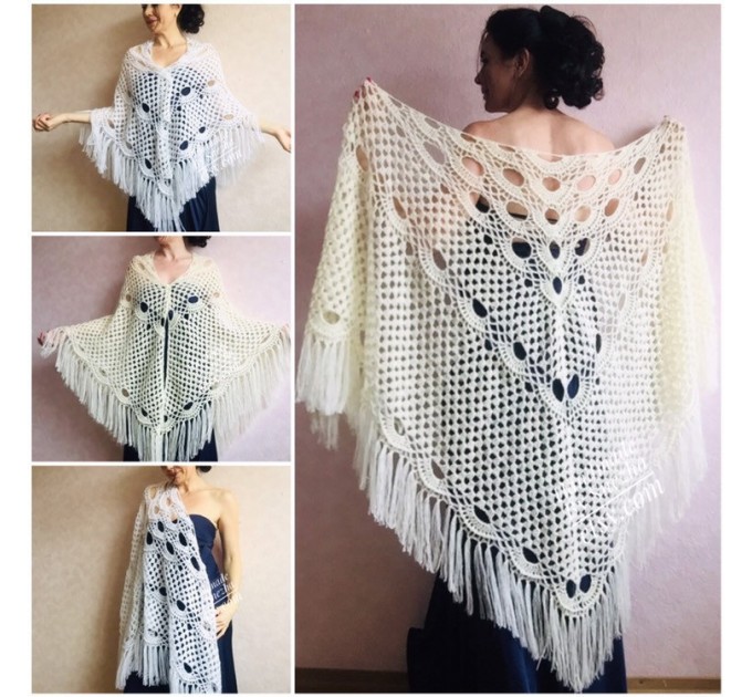  Ivory Crochet Shawl Wrap Mohair Fringe Big Size Triangle Shawl Hand Knit Bridal Wedding Wool Shawl Gifts for Wife Beige Bohemian Shawl  Shawl / Wraps  2