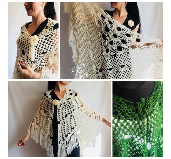  Ivory Crochet Shawl Wrap Mohair Fringe Big Size Triangle Shawl Hand Knit Bridal Wedding Wool Shawl Gifts for Wife Beige Bohemian Shawl  Shawl / Wraps  5