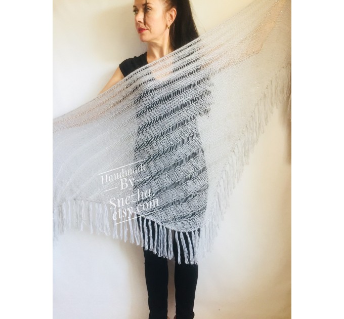  Gray knit shawl Fringe Knitted shawl Chunky shawl wrap Oversized gray shawl Wool shawl wrap Triangle knit scarf Dark gray wrap scarf shawl  Shawl / Wraps  4