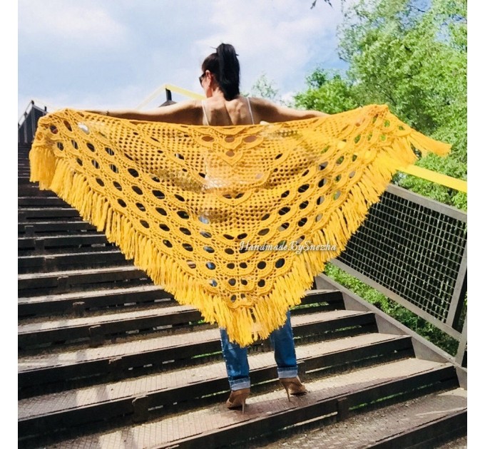  Mustard 50 COLORS Crochet Granny Shawl Large Mohair Triangle Big Size Shawl Fringe Long Handknit Woman Bohemian Festi Hand Knit Wrap  Shawl / Wraps  