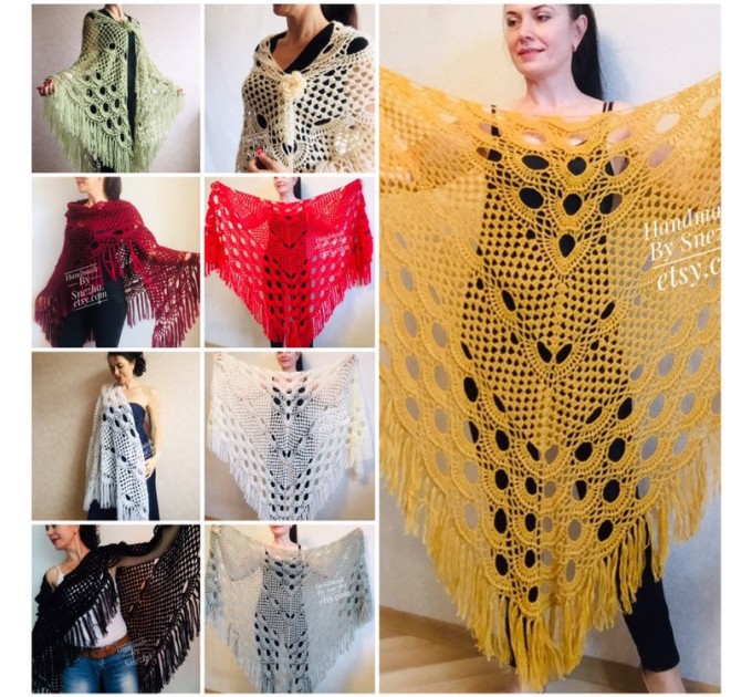  Mustard 50 COLORS Crochet Granny Shawl Large Mohair Triangle Big Size Shawl Fringe Long Handknit Woman Bohemian Festi Hand Knit Wrap  Shawl / Wraps  2