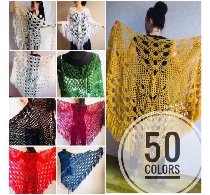 Mustard 50 COLORS Crochet Granny Shawl Large Mohair Triangle Big Size Shawl Fringe Long Handknit Woman Bohemian Festi Hand Knit Wrap