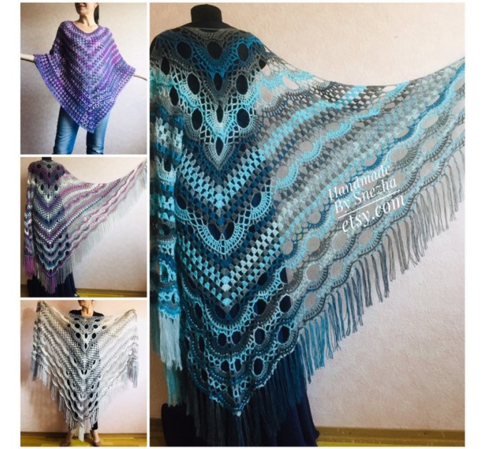  Crochet Shawl Triangle Fringe Big Size Wrap gift brooch Gray Alpaca Long Mohair Woman Bohemian Festi Hand Knit Shawl Black Granny  Shawl / Wraps  