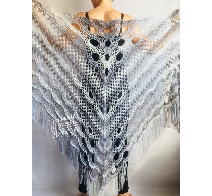  Crochet Shawl Triangle Fringe Big Size Wrap gift brooch Gray Alpaca Long Mohair Woman Bohemian Festi Hand Knit Shawl Black Granny  Shawl / Wraps  7