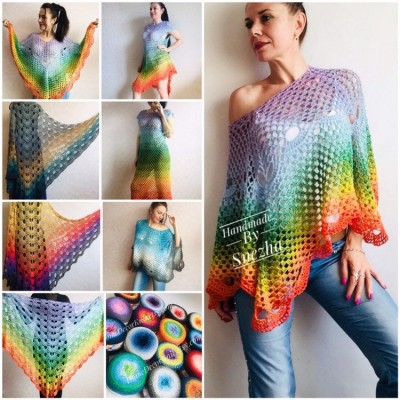 RAINBOW Crochet PONCHO Women Big Size Vintage Shawl Wraps Cotton Plus Size Clothing Granny Square Gay Pride Knit Triangle Bohemian Flower