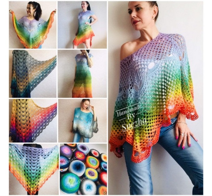 RAINBOW Crochet PONCHO Women Big Size Vintage Shawl Wraps Cotton Plus Size Clothing Granny Square Gay Pride Knit Triangle Bohemian Flower