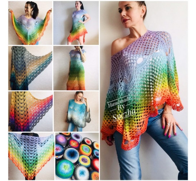  RAINBOW Crochet PONCHO Women Big Size Vintage Shawl Wraps Cotton Plus Size Clothing Granny Square Gay Pride Knit Triangle Bohemian Flower  Poncho  1